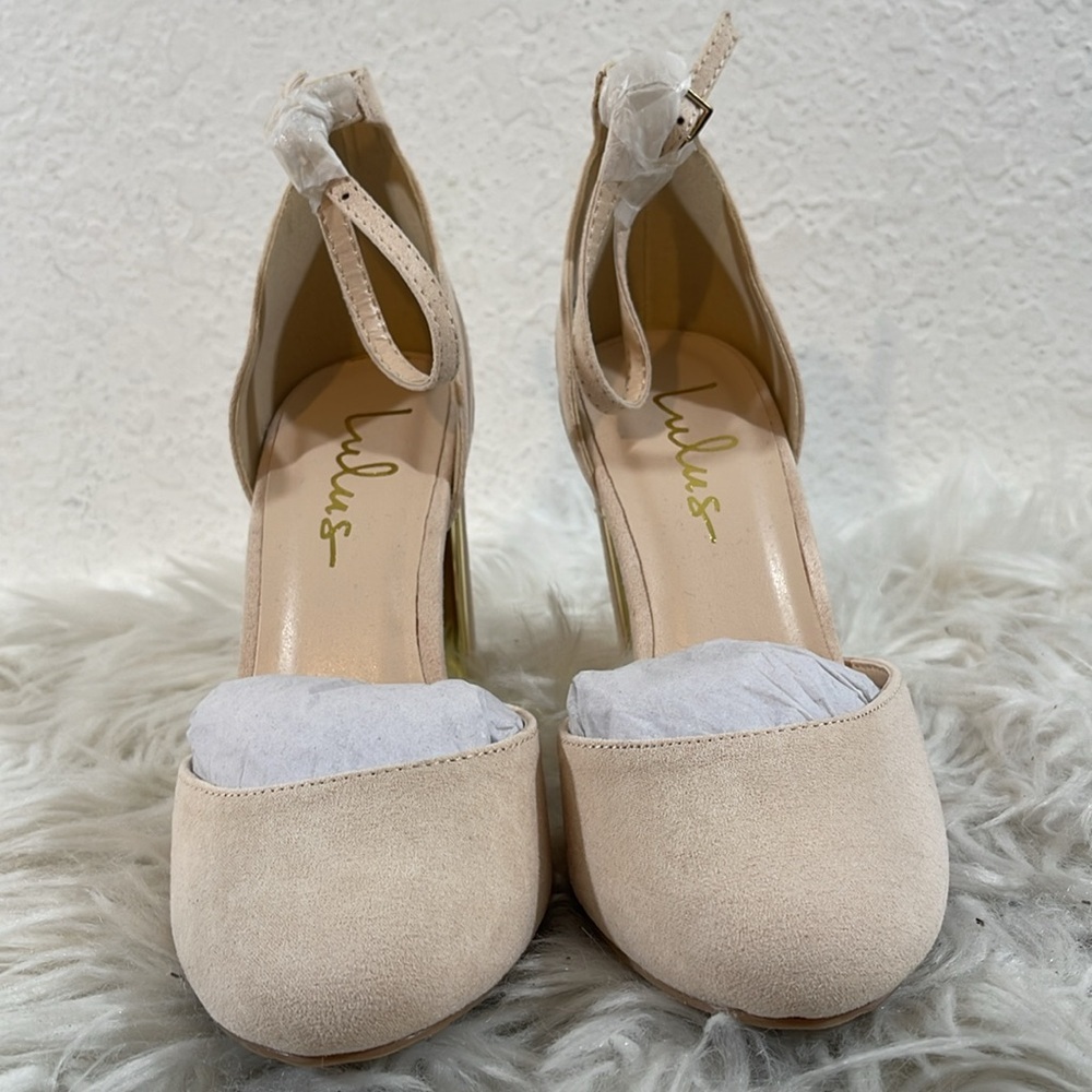 LULUS Laura Light Nude Suede Ankle Strap Chunky Heels Size 5.5 NEW - Picture 3 of 15